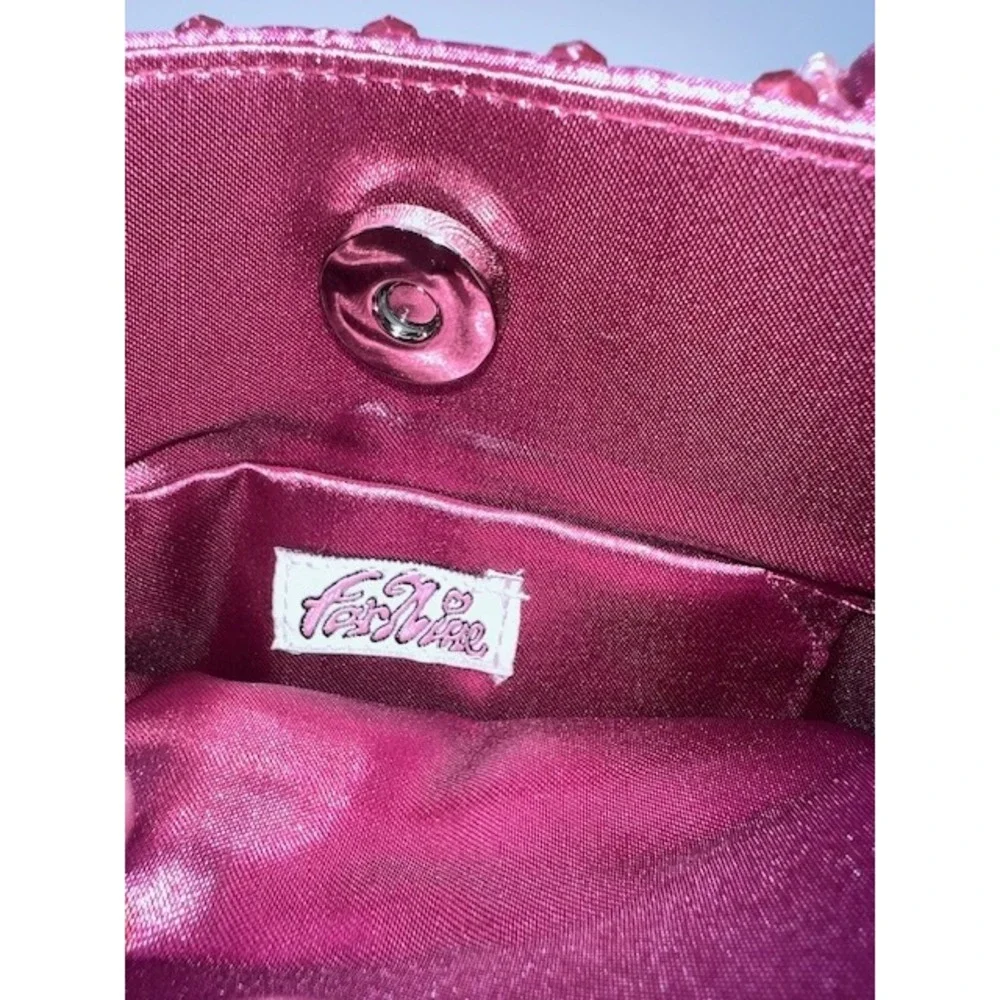 VTG Y2K FarNine Fuchsia Crinkle Satin Beaded Fringe Bag 2000s Whimsygoth Party